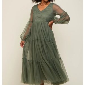 Olive Green Pink Blush Tiered Maxi Dress